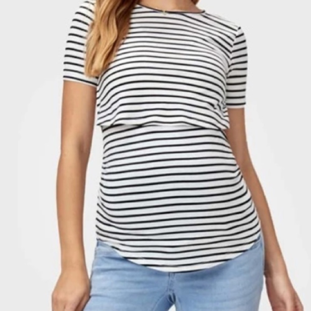 HEIN BASICS Maternity Striped Curved Hem Nursing Top M - Picture 1 of 4